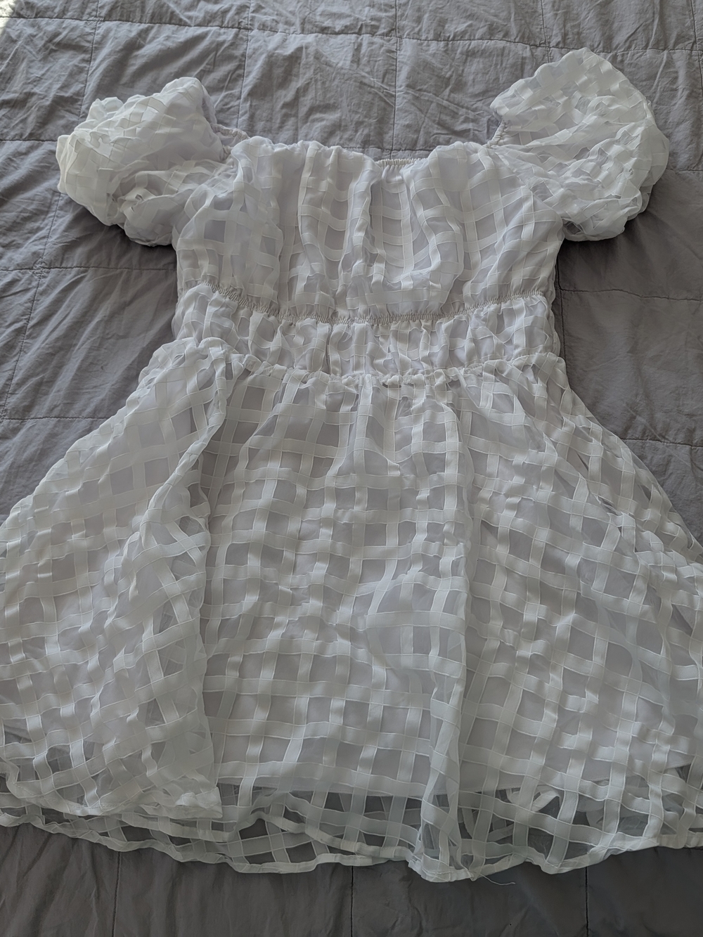 White Puff Sleeve Check-Texture Dress